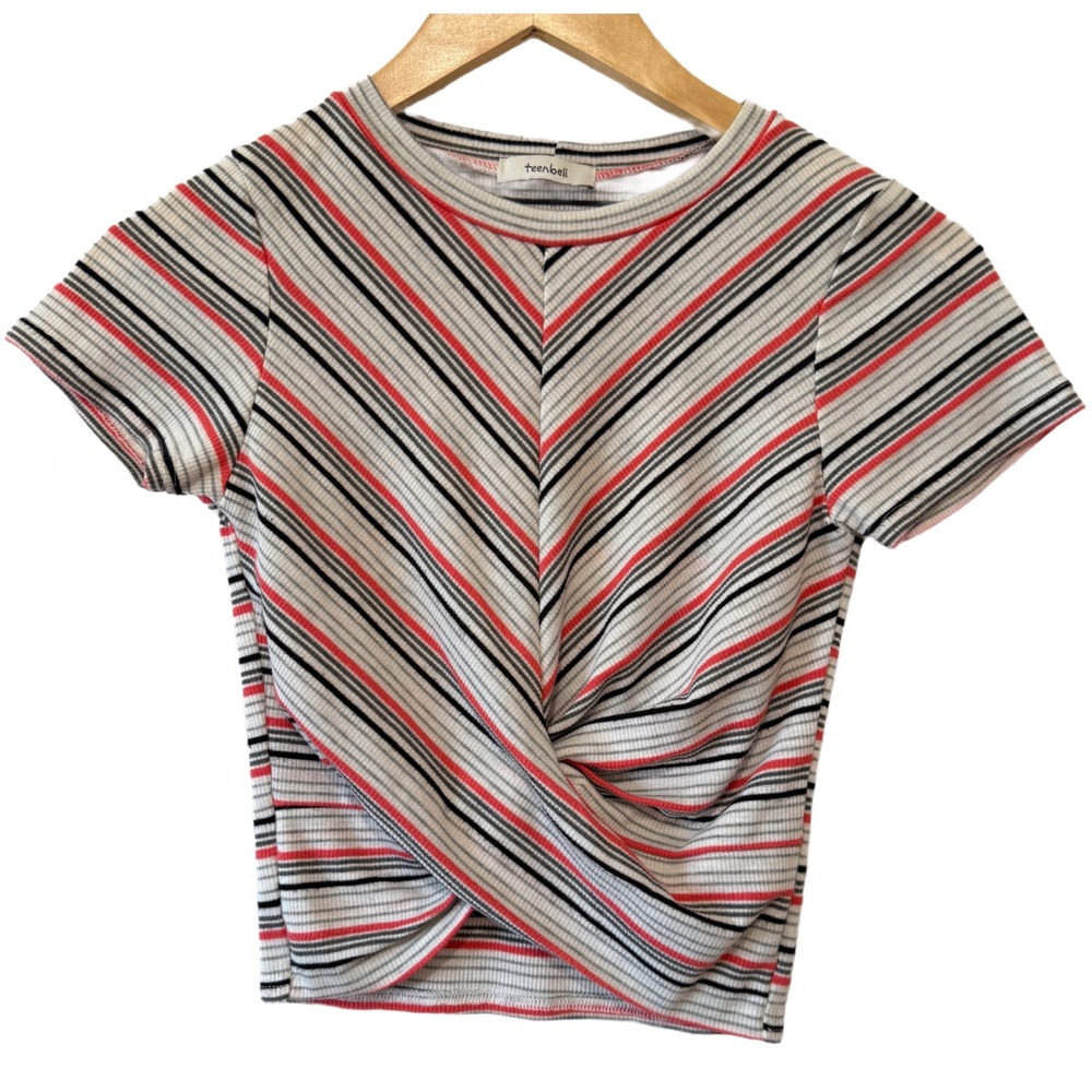 Teenbell Striped Twist Front Short Sleeve Crop Top Tee Shirt Women S